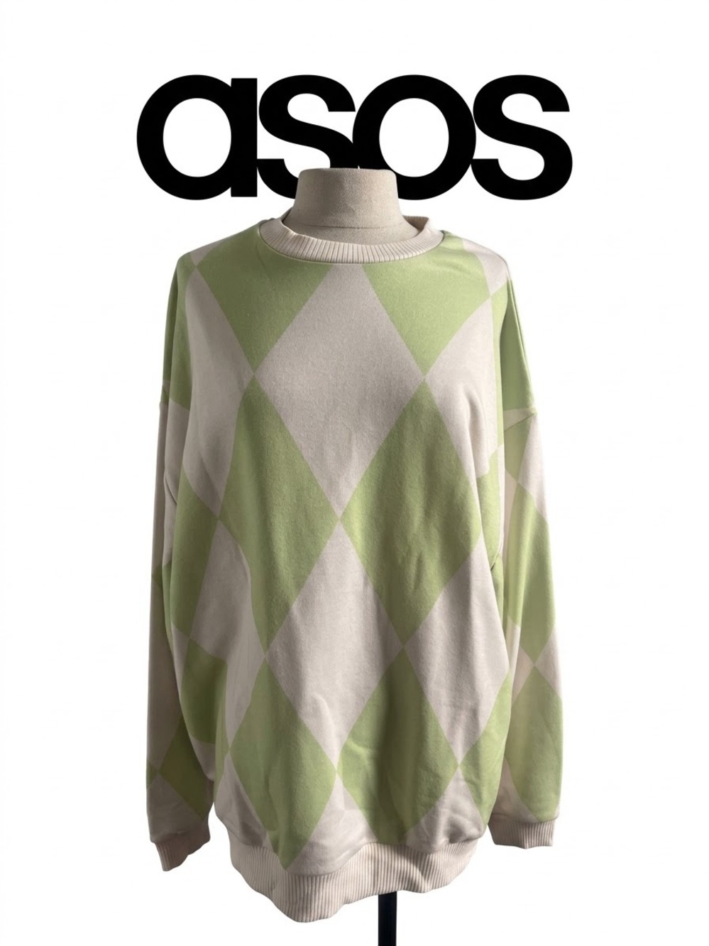 ASOS Light Green & Cream Argyle Crewneck Sweater Size L